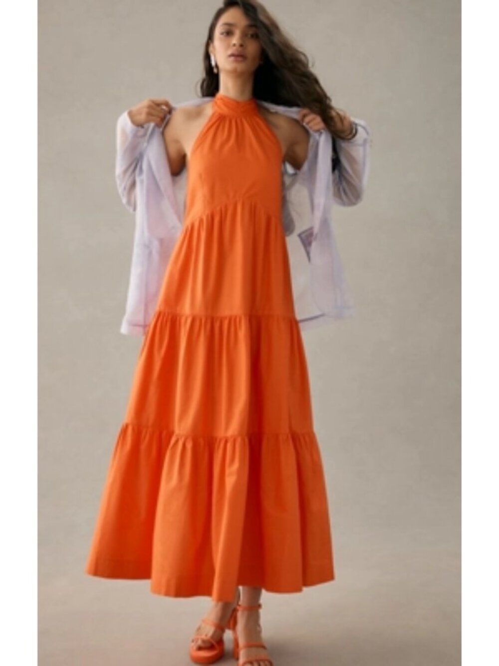 Maeve x Anthropologie Tiered Halter Midi Dress Red Orange Size 12